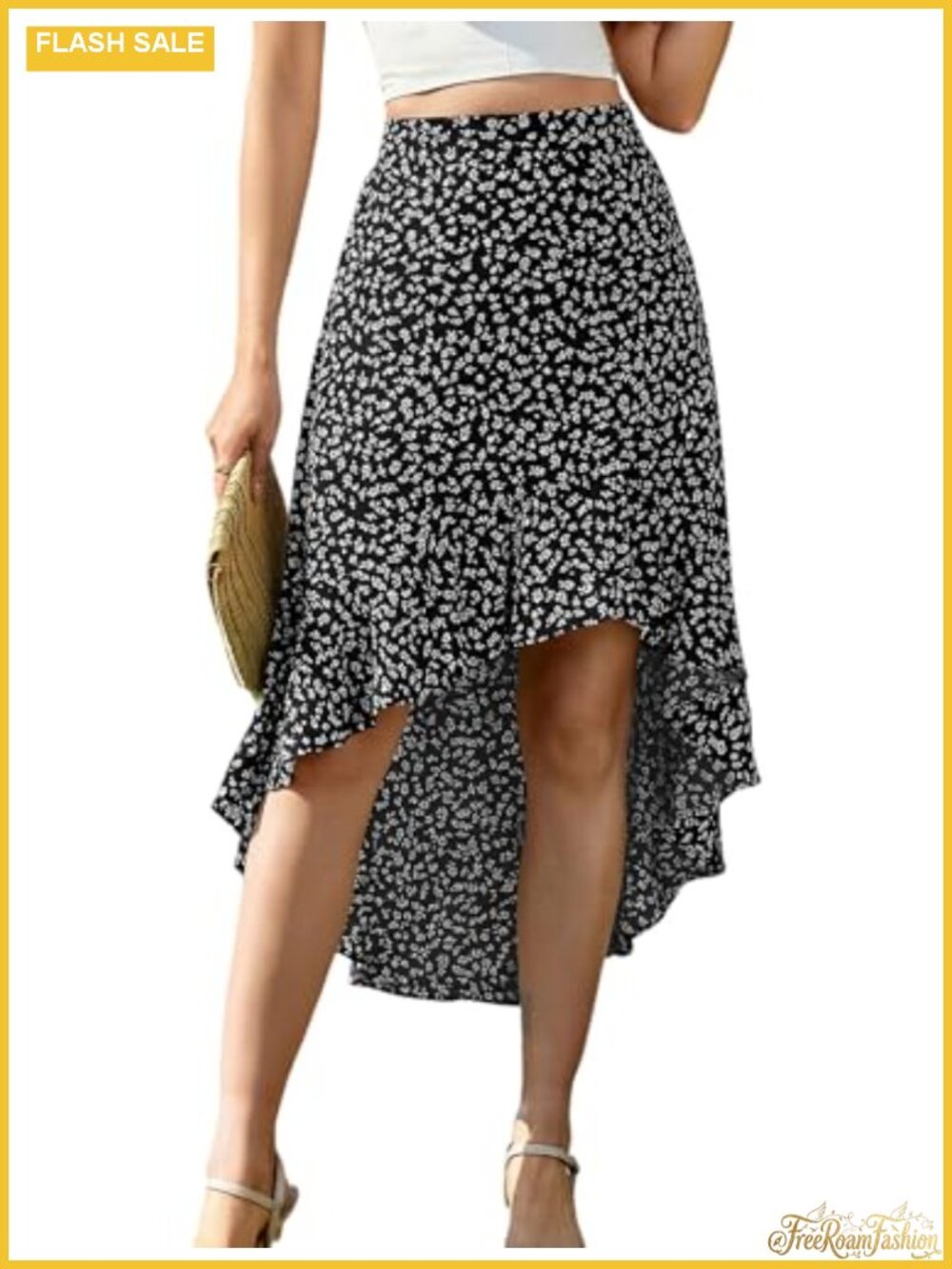 Women's Flowy High Low Maxi Skirt Elastic Waist Asymmetrical Ruffle Pockets